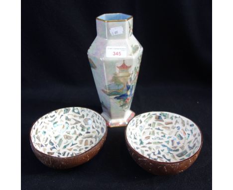 A CARLTON WARE LUSTRE VASE and a pair of coconut shell bowls with mother of pearl decoration