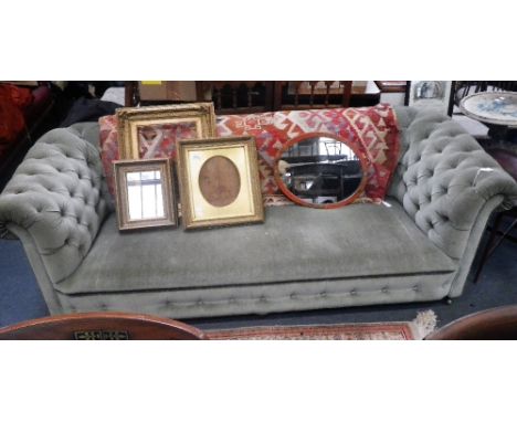 A 1920'S BUTTON BACK CHESTERFIELD on bun feet, 215cm wide 