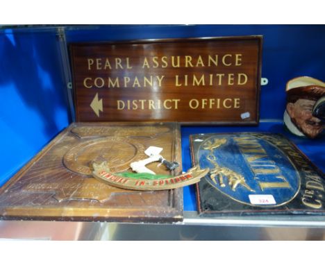 A COLLECTION OF VINTAGE SIGNS, to include, "Pearl Assurance", "United Dominions Trust", "L'Union Cie D'Assurances" and "Singu