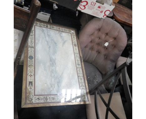 A BRASS FRAMED COFFEE TABLE with painted faux marble top and engraved coloured borders, under glass, with a Victorian button 