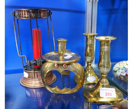 A PAIR OF 18TH CENTURY BRASS CANDLESTICK and others similar