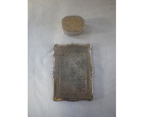 A VICTORIAN SILVER CARD CASE of rectangular form, with engraved foliate decoration (1.9oz) and a white metal patch box/snuff 