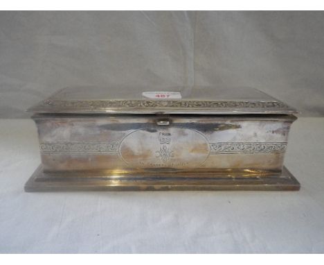 A SILVER CIGARETTE BOX with wood lining, inscribed 'From "monogram" in Grateful Thanks' 27cm long x 12cm 