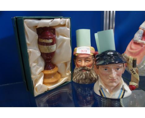 CRICKET INTEREST; A CERAMIC COPY OF "THE ASHES" URN made for Lord's and two medium sized Royal Doulton character jugs, "Len H