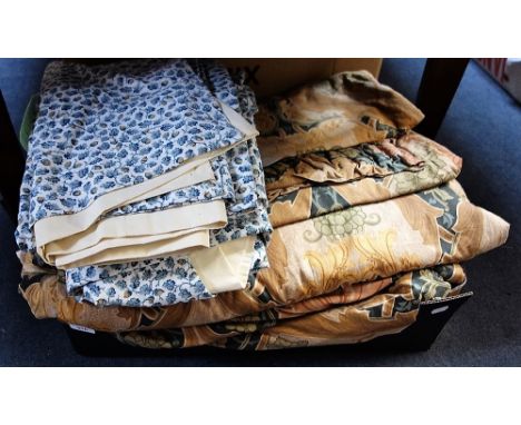 A PAIR OF 'LIBERTY OF LONDON': BURNHAM PRINT CURTAINS, 90'' x 90'' and another pair of Sanderson print curtains with acorn de
