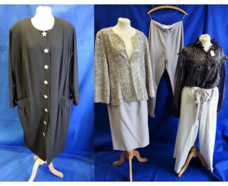 LONG BLOUSON STYLE COAT IN BLACK VELVET WITH 'STAR' BUTTON FASTENING, and a collection of vintage dresses