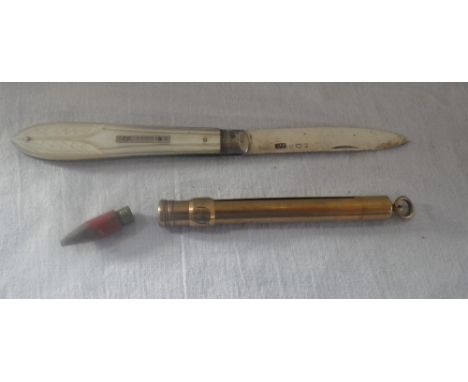 A 9CT GOLD PROPELLING PENCIL by F. Mordan & Co, approx 10.5gm and a mother of pearl pen knife with silver blade (2)