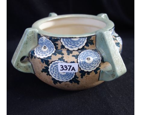 AMPHORA CZECHOSLOVAKIAN CERAMIC BOWL, circular form, applied with four angular handles, decorated with bell flowers on a crea