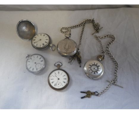 A COLLECTION OF GENTLEMEN'S POCKET WATCHES and fob chains, to include a Mappin & Webb half hunting case pocket watch