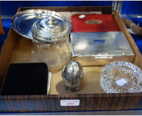 A SILVER PLATED CIGARETTE BOX, a white metal mounted cut glass pot and similar items