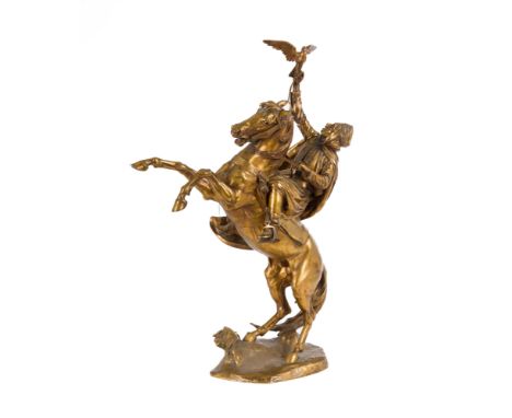 Ernest Henri Dubois (1863-1931), Fauconnier arabe, bronze à patine dorée, signé, cachet de fondeur, 69 x 49 x 22 cm
