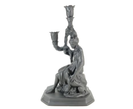 A prestige Wedgwood & Bentley Black Basalt candlestick Diana Goddess of the Hunt, height 34cm, limited edition of 200, with c