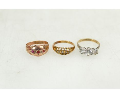 3 Gold rings - 18ct & Diamond 2.2g, together with 2 x 9ct rings, a white Sapphire & one other, stones a/f 4.4g.