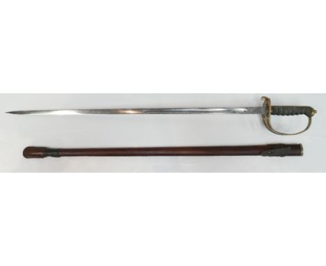 19th century British Infantry Officer's Sword with brass hilt, etched both sides of the blade with royal shield coat of arms 