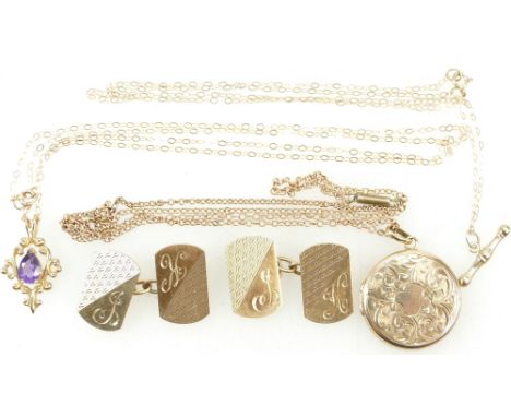 9ct hallmarked gold Cufflinks with initials, 9ct Amethyst Pendant and yellow metal chain, 9ct hallmarked Locket and yellow me