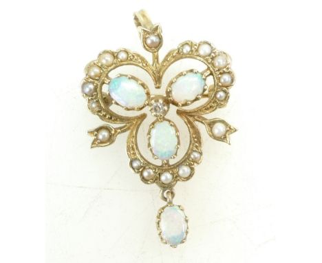 9ct gold opal diamond and seed pearl pendant/brooch, 5 grams