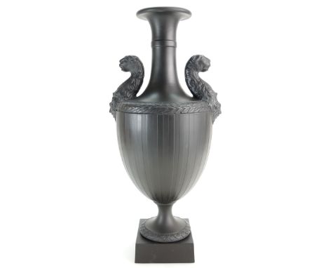 Wedgwood & Bentley prestige striped panther vase with black basalt engine-turned decoration, two handled. Limited edition of 