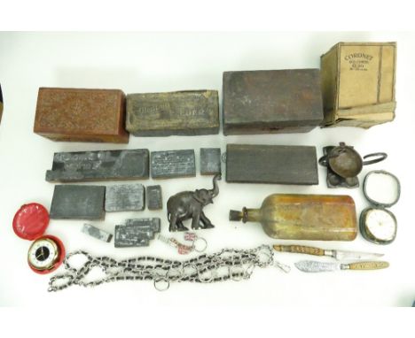 Job lot containing glass feeder in original box, guinea scales a/f in oak case, printing blocks, travel clocks, carved boxes,