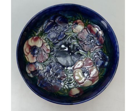 Large Moorcroft dish 27cm across, some slight scuffing to inside of bowl and light crazing to base.