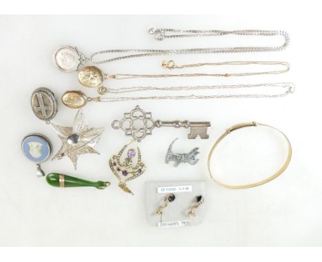 Job lot of gold and silver jewellery including 9ct and sapphire earrings, 9ct Amethyst and Pearl pendant (1 stone missing), 2