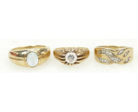 3 x 9ct Gold rings - Moonstone size U, single white stone, probably sapphire Q, and multi white stone ring U a/f on shank. 13