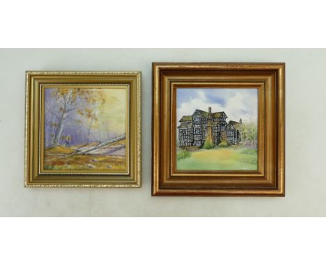 Two hand finished ceramic tiles, one depicting Little Moreton Hall signed Jean Michel and similar of a view of a lumberjack