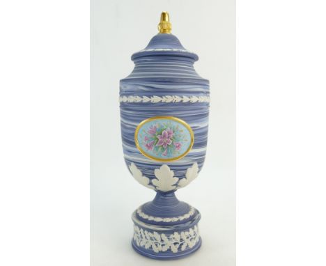 Wedgwood Agate Urn and cover with handpainted oval panels to both sides signed by JRF, decorated with Jasperware acanthus & a