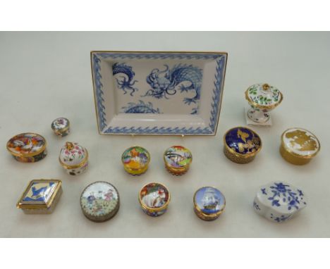 A collection of Royal Worcester pill boxes with various designs, some are unmarked prototypes and a Chinese enameled and silv