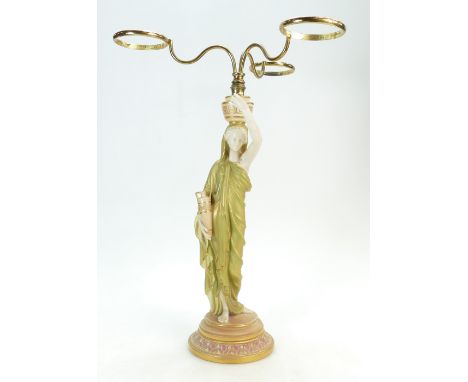 19th century Royal Worcester blush ivory figure of Grecian female water carrier with a brass three branch candelabra, the bas