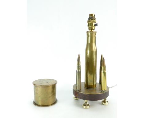 Trench Art lamp base together with shell case box dated 1916, 36cm.