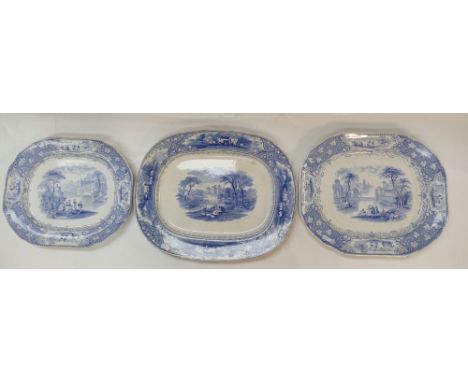 Lockhart & Arthur 19th century blue and white large platter decorated with cows and farmhouse and 2 smaller J & M P Bell blue