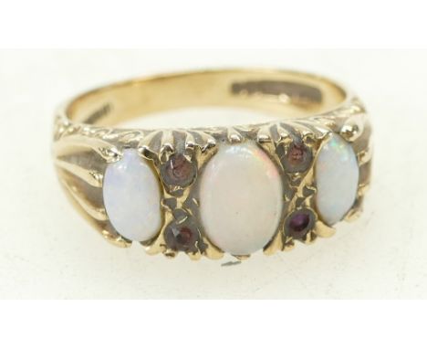 9ct gold ladies thre stone opal ring, size P, 3.8 grams