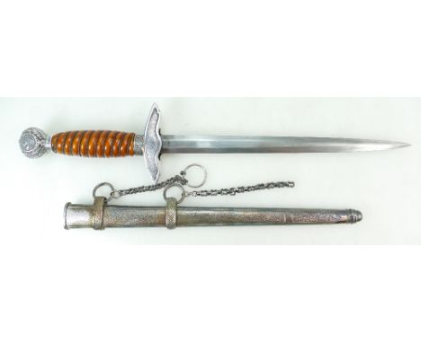 WWII German Second Model Luftwaffe Officers Dagger with wire grip handle and ornate aluminium scabbard, the blade marked P D 