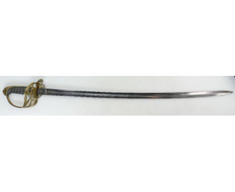 19th century British Infantry Officer's Sword with folding hilt, etched both sides of the blade with Aussam coat of arms and 