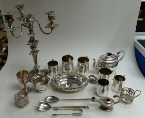 Large quantity of silver plated items including large candelabra (a/f) mugs, tea pots, tureen etc.