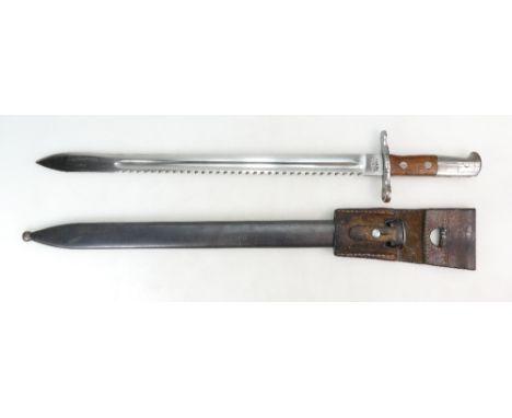 Swiss Model 1911 Pioneer Bayonet the blade marked  Waffenfabrik Neuhausen. Sawback Blade 19" in its blued steel Scabbard and 