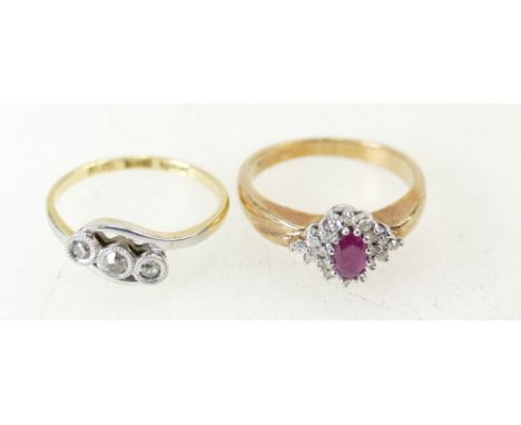 9ct Gold Diamond and ruby ring. Size K. 2.6g, together with an 18ct gold and Diamond ring size J1/2 2.0g