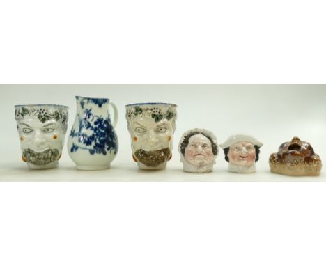 18th century blue & white porcelain Sparrow Beak JUG 10cm high, possibly Worcester, 2 x Bacchus head polychrome jugs (chips a