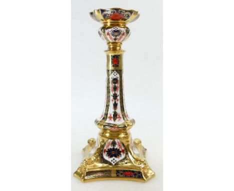 Royal Crown Derby large Candlestick decorated in the Old Imari 1128 design, height 27cm, boxed