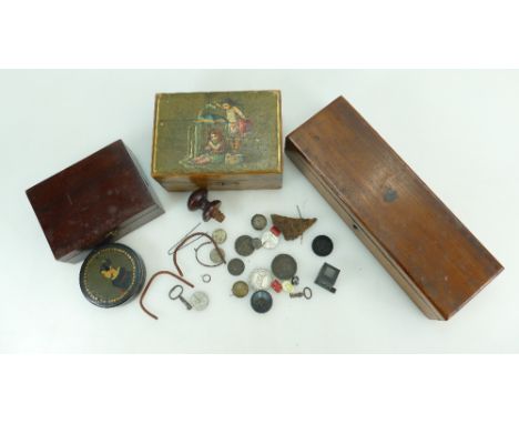 Four pretty Victorian boxes of various designs, including hand painted circular snuff / patch box (4)