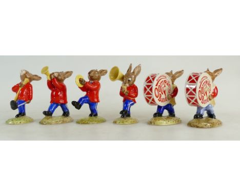 A collection of Royal Doulton Bunnykins figures to include two Drummer DB26, Symbols DB25, Sousaphone DB23, Drum Major DB27 a