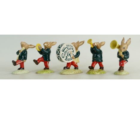 Rare Royal Doulton Bunnykins Figures from the Oompah Band in a Green Colour way comprising Sousaphone DB105, Trumpet DB106, C