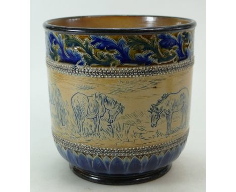 Royal Doulton Lambeth stoneware planter decorated with horses by Hannah Barlow, height 17.5cm (some good restoration)