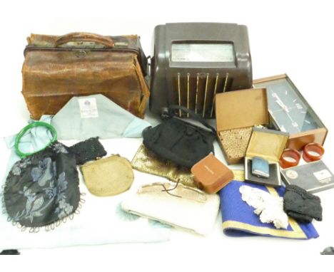 Tray containing Mullard Bakelite Radio, Masonic regalia, beadwork purses, lighter, clock, Gladstone type leather bag a/f cont