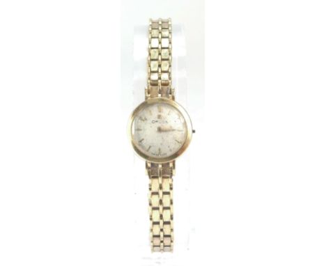 9ct hallmarked gold OMEGA ladies wristwatch & 9ct gold bracelet.  Gross weight 18.1g.  Winding button missing.