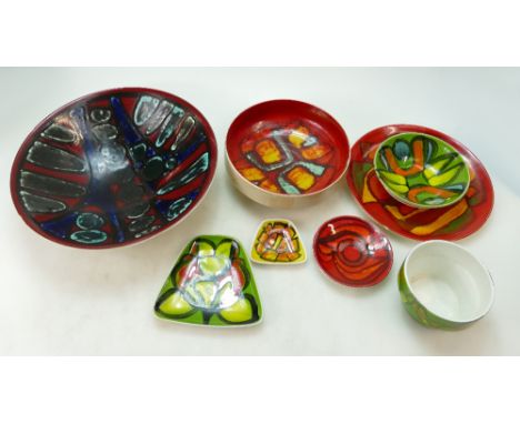 A collection of abstract Poole Pottery to include large fruit bowl, wall plates, pin trays etc (dia of largest 35cm) (9)