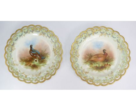 Pair 19th century Brownfields cabinet plates, one painted with a cock pheasant and the other a grouse both initialled FM, dia