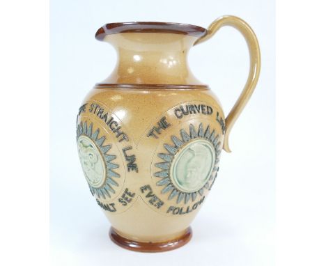 A Doulton Lambeth stoneware jug decorated all around with various portrait plaques with mottos, height 20cm (minute nick to t