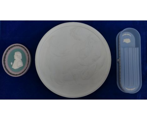 Three pieces of Wedgwood - a very large plaque in white biscuit finish 31cm across, a four colour plaque of Josiah Wedgwood m