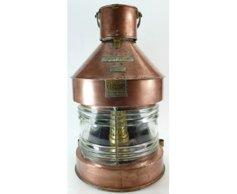 20th century copper & brass ships masthead lamp, with oil burner. 58cm high.